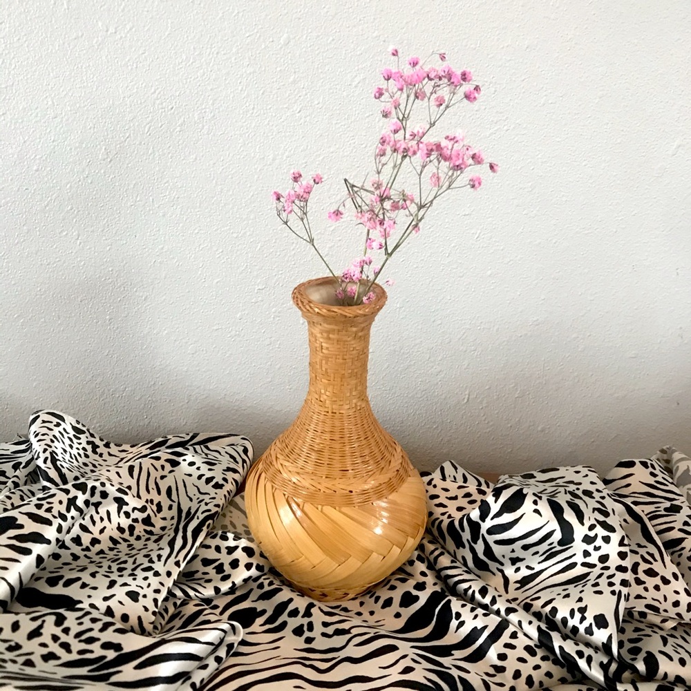 Vintage, ceramic lined woven wicker vase
